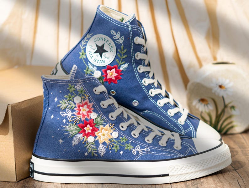 Custom Floral Embroidery Converse For Holiday, Poinsettia Embroidered Converse High Top, Custom Embroidered Sneakers Navy Blue, Women Gift