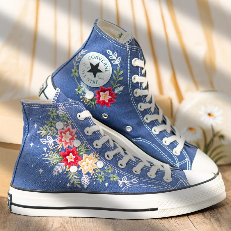 Custom Floral Embroidery Converse For Holiday, Poinsettia Embroidered Converse High Top, Custom Embroidered Sneakers Navy Blue, Women Gift