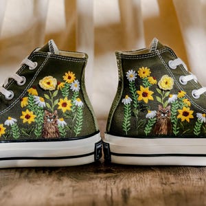 Custom Converse Embroidery Cat, Sunflowers Embroidered Converse High Tops, Graden Sunflowers, Pet Embroidered Shoes Custom, Pet Lover Gift