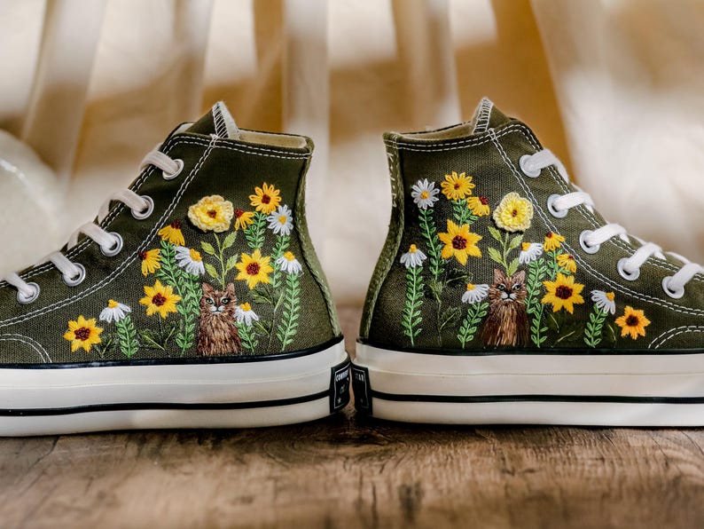 Custom Converse Embroidery Cat, Sunflowers Embroidered Converse High Tops, Graden Sunflowers, Pet Embroidered Shoes Custom, Pet Lover Gift