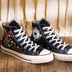 Custom Embroidered Converse Chuck Taylor High Tops, Black Sneakers With Sunset And Wildflower Embroidery, Vintage Converse Shoes, Women Gift