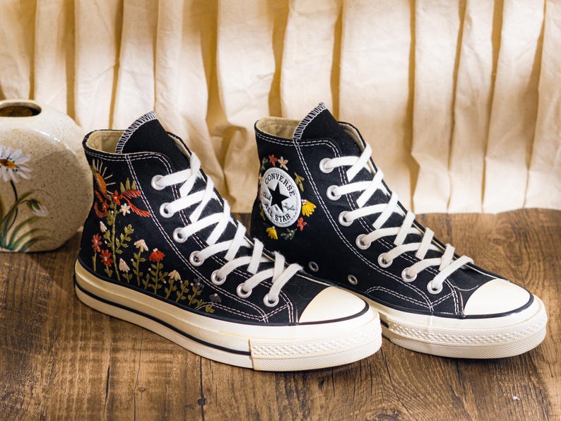 Custom Embroidered Converse Chuck Taylor High Tops, Black Sneakers With Sunset And Wildflower Embroidery, Vintage Converse Shoes, Women Gift
