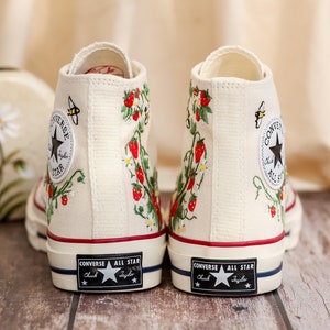 Customized Embroidery Converse Women, Bee and Strawberry Embroidered Converse, Strawberry Embroidered Shoes, Strawberry Embroidered Sneakers