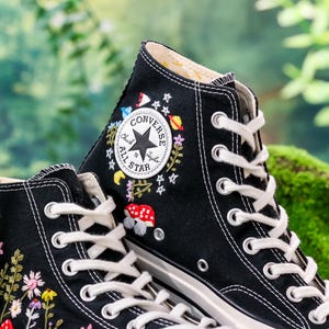 Embroidered Converse,  Custom  Sun, Mushrooms & Wildflowers Embroidery Converse, Sneaker Embroidered Floral, Whimsical Nature-Inspired Shoe