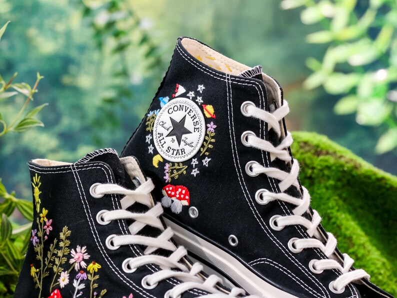 Embroidered Converse,  Custom  Sun, Mushrooms & Wildflowers Embroidery Converse, Sneaker Embroidered Floral, Whimsical Nature-Inspired Shoe