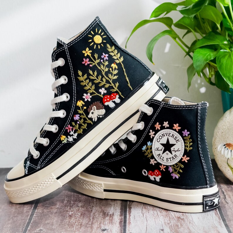 Custom Converse Embroidery Hedgehog, Sunshine & Colorful Summer Garden Embroidered Converse Shoes, Embroidered Converse Flower, Gift for Her