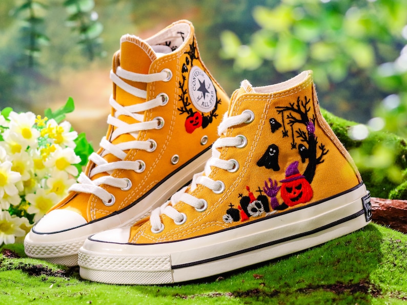 Halloween Embroidered Converse Custom, Pumpkin, Ghost Embroidered Shoes, Halloween Vibes Embroidery Sneakers, Halloween Embroidery Designs
