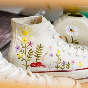 Embroidered Converse, Custom Converse Embroidered Flower and Mushroom Garden, Mushroom and Floral Embroidery Shoes for Women, Gift For Her