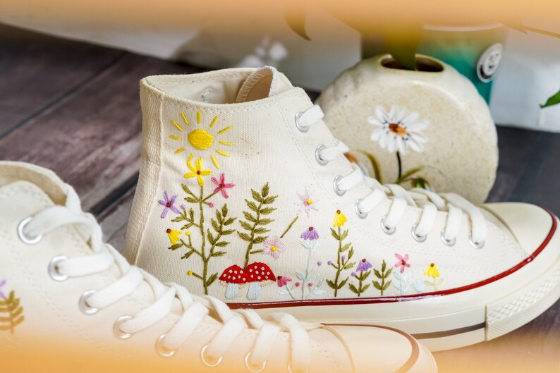 Embroidered Converse, Custom Converse Embroidered Flower and Mushroom Garden, Mushroom and Floral Embroidery Shoes for Women, Gift For Her