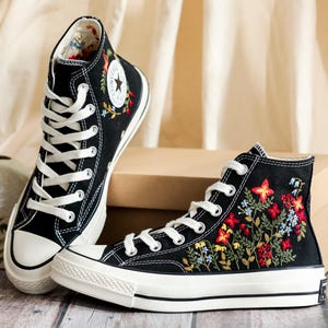 Embroidered Converse, Converse Embroidery Flower, Garden Wildflower Embroidered Converse Shoes, Flower Embroidered Sneakers, Handmade Gift