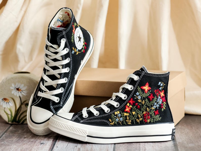 Embroidered Converse, Converse Embroidery Flower, Garden Wildflower Embroidered Converse Shoes, Flower Embroidered Sneakers, Handmade Gift
