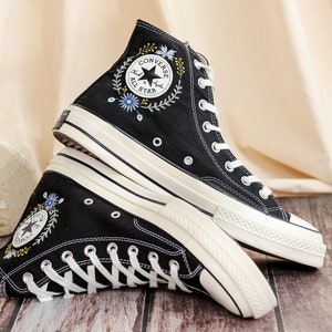 Custom Converse Embroidered, Flowers Embroidered Converse Women, Blue Flax and Flowers Embroidered Sneakers, Lavender Embroidered Sneakers