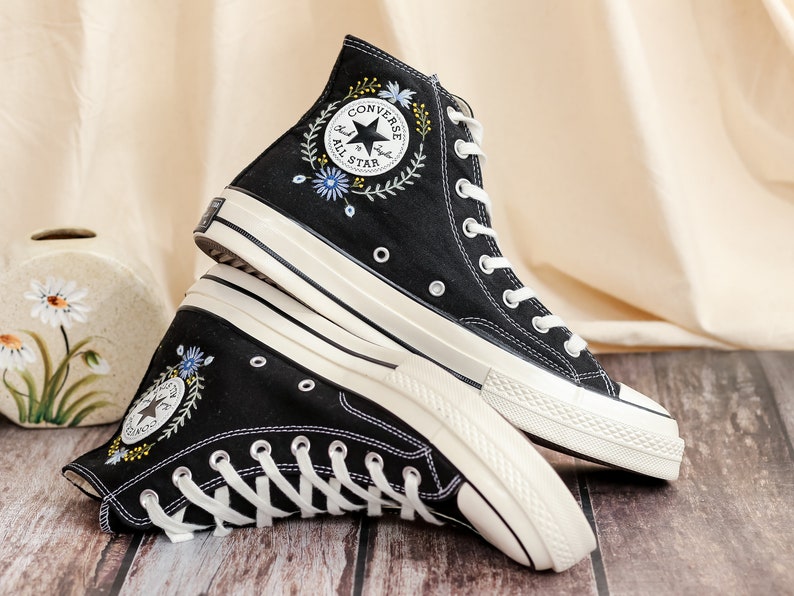 Custom Converse Embroidered, Flowers Embroidered Converse Women, Blue Flax and Flowers Embroidered Sneakers, Lavender Embroidered Sneakers