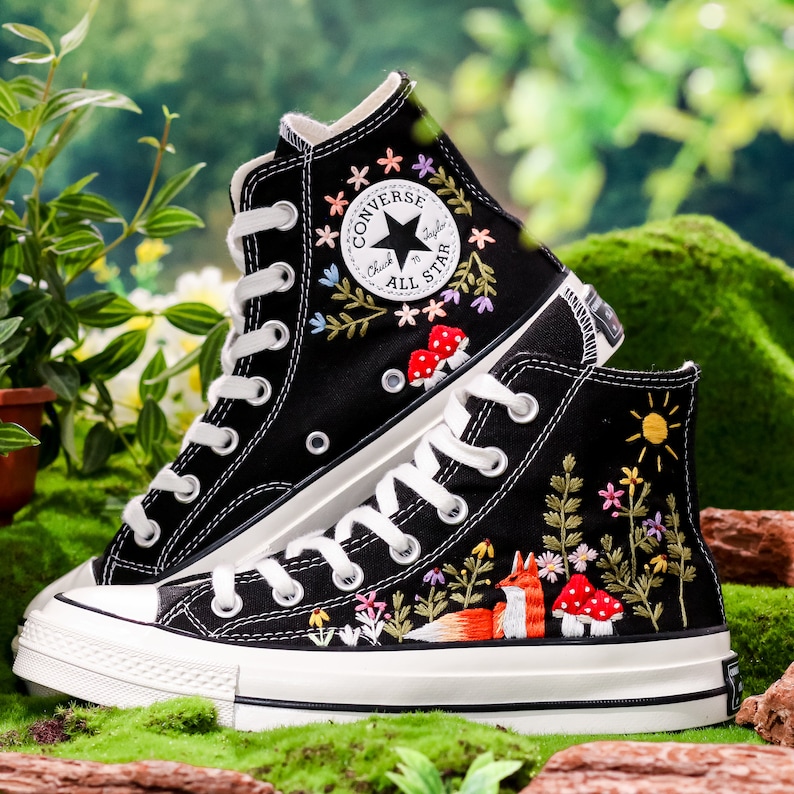 Embroidered Converse, Mushroom and Fox Embroidered Shoes Custom, Embroidered Converse High Tops Pet Mushroom and Sweet Sunflower Garden