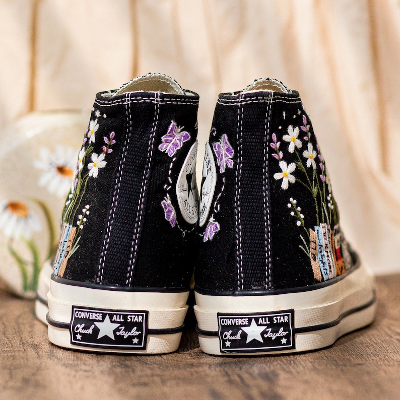 Music Lover Converse,Book and Flower, 1989 Embroidered Sneaker, Flower Embroidery Shoes, Handmade Gifts