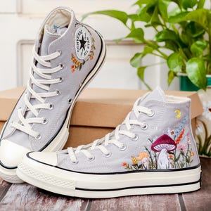 Wildflower Garden Embroidered Converse, Mushrooms, Cat Embroidered Shoes, Custom Floral Embroidery Shoes, Summer Cottagecor Embroidery Shoes