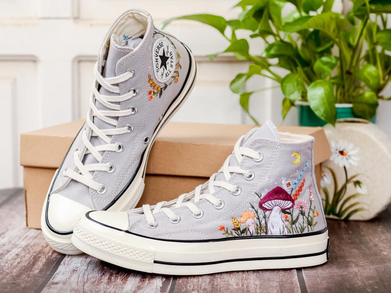 Wildflower Garden Embroidered Converse, Mushrooms, Cat Embroidered Shoes, Custom Floral Embroidery Shoes, Summer Cottagecor Embroidery Shoes