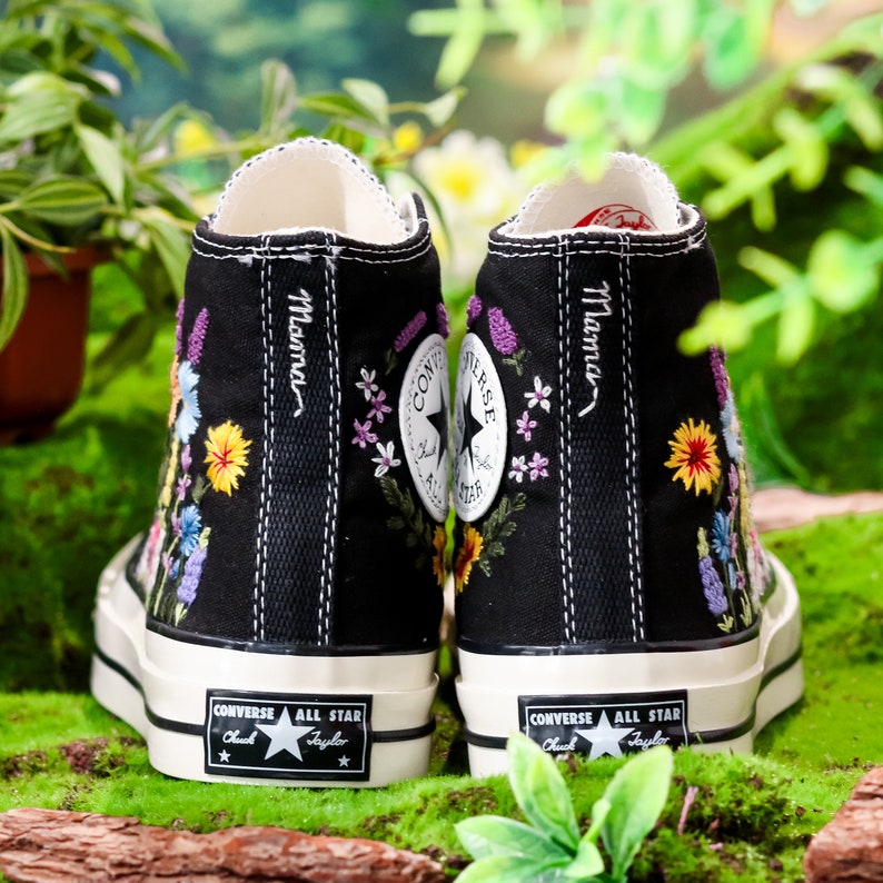 Custom Sunflower Embroidered Converse High Tops, Sunflower and Lavender, Mushroom Embroidered Shoes, Wildflower Embroidered Sneaker Custom