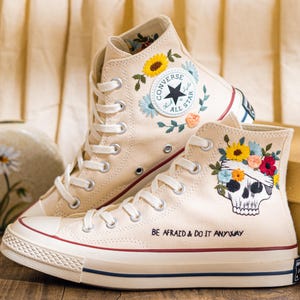 Custom Embroidered Converse Chuck Taylor High Top, Cream Converse Shoes Embroidery Skull & Sunflower, Unique Custom Sneakers, Halloween Gift