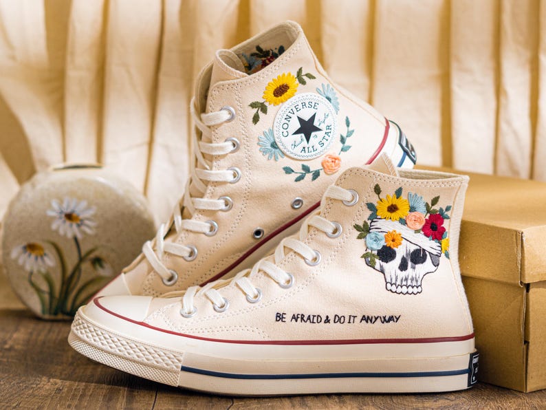 Custom Embroidered Converse Chuck Taylor High Top, Cream Converse Shoes Embroidery Skull & Sunflower, Unique Custom Sneakers, Halloween Gift