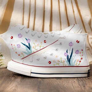Customized Converse Shoes, Embroidered Converse Chuck 70 High Tops, Sneakers Embroidery Tulip And Butterfly, Custom Bride Shoes, Women Gift
