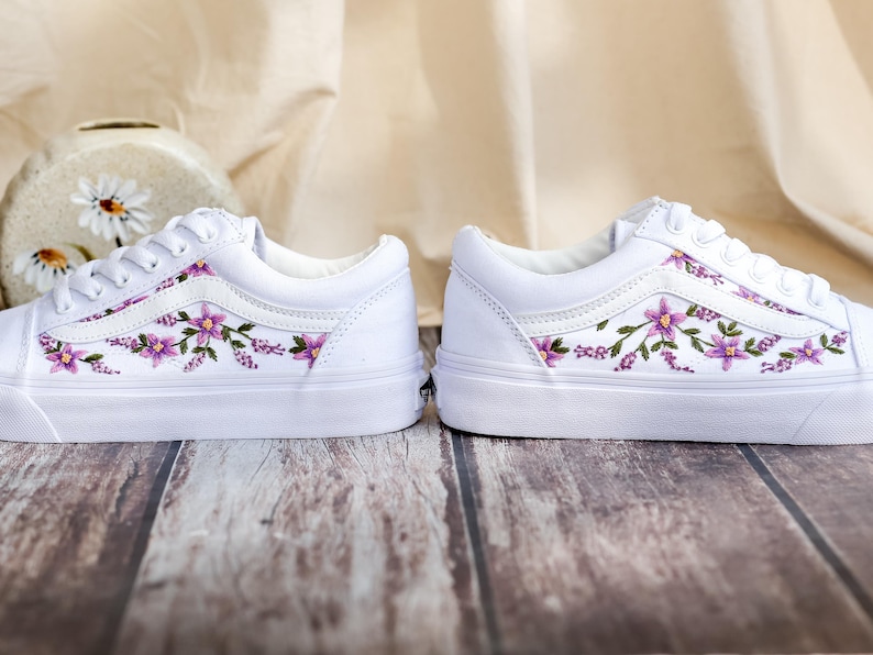 Embroidered Vans Custom, Purple Lily Embroidery Vans for Bridel, Flower Embroidered Shoe, Sneaker Embroidery Floral, Meaningful Wedding Gift