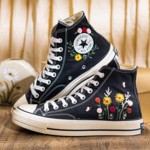 Custom Embroidered Converse Chuck Taylor High Top, Black Converse Embroidery Wildflower & Butterfly, Floral Embroidered Sneakers, Women Gift