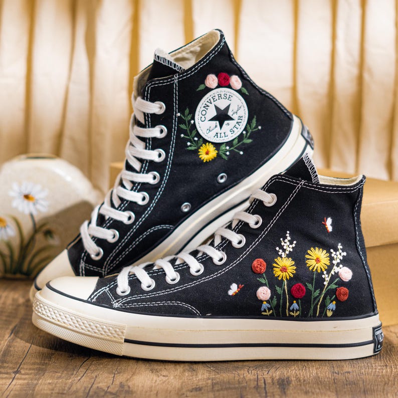 Custom Embroidered Converse Chuck Taylor High Top, Black Converse Embroidery Wildflower & Butterfly, Floral Embroidered Sneakers, Women Gift