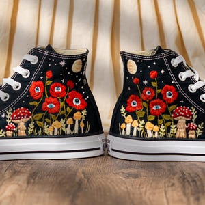 Unique Embroidered Converse High Tops, Mushroom Embroidery Converse, Red Floral Embroidered Sneakers With Eyes, Custom Shoes, Halloween Gift