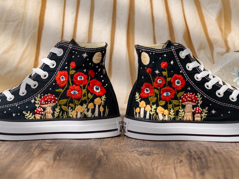 Unique Embroidered Converse High Tops, Mushroom Embroidery Converse, Red Floral Embroidered Sneakers With Eyes, Custom Shoes, Halloween Gift