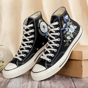 Custom Converse Embroidered, Flowers Embroidered Converse Women, Blue Flax and Flowers Embroidered Sneakers, Lavender Embroidered Sneakers
