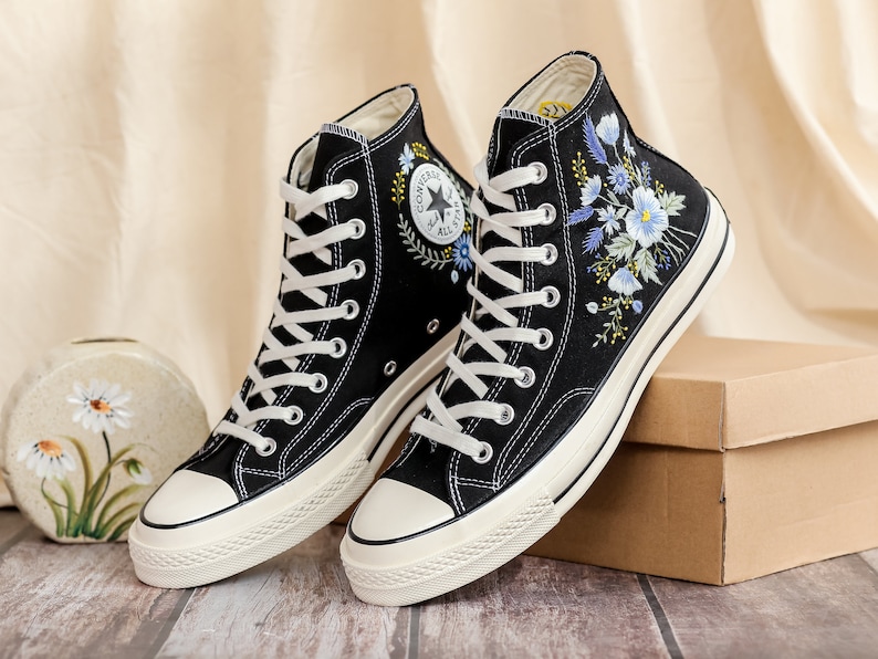 Custom Converse Embroidered, Flowers Embroidered Converse Women, Blue Flax and Flowers Embroidered Sneakers, Lavender Embroidered Sneakers