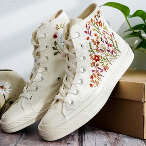 Wedding Converse for Bride, Colorful Flower Garden Embroidered Shoes, Boho Wedding Flower Embroidered Sneakers, Wedding Gift