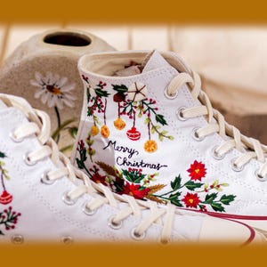 Christmas Embroidered Converse Shoes, Poinsettia Floral Design & Merry Christmas Embroidery Sneakers, Unique Holiday Gift Idea