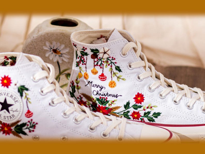Christmas Embroidered Converse Shoes, Poinsettia Floral Design & Merry Christmas Embroidery Sneakers, Unique Holiday Gift Idea