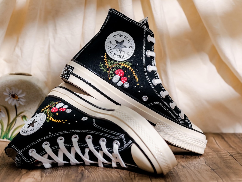Mushroom Embroidered Converse High Tops, Mushrooms, Frog Embroidered Shoes, Converse Embroidery Mushroom, Embroidered Sneaker, Gift for Her