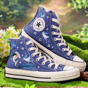 Custom Embroidered Converse, Hammerhead Sharks and Manta Ray Embroidered Shoes, Ocean Vibes Embroidered Sneakers Custom, Gifts for Divers