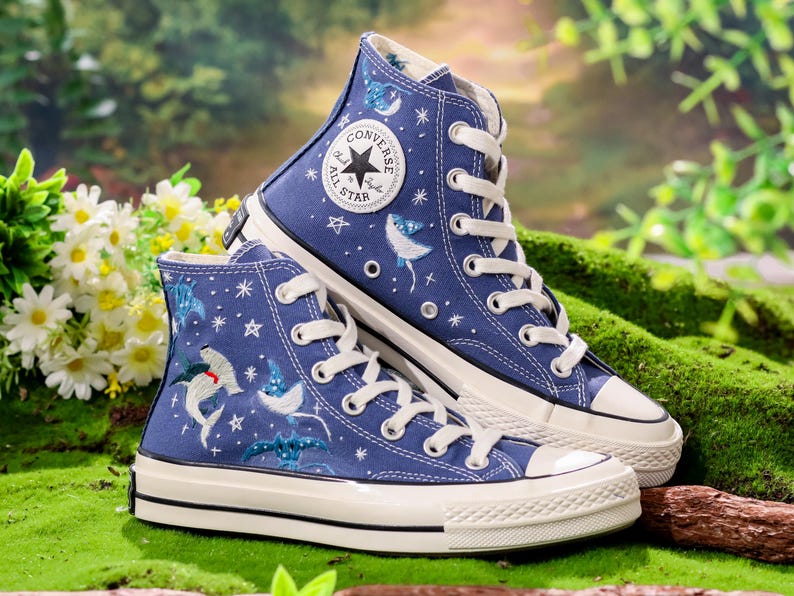 Custom Embroidered Converse, Hammerhead Sharks and Manta Ray Embroidered Shoes, Ocean Vibes Embroidered Sneakers Custom, Gifts for Divers