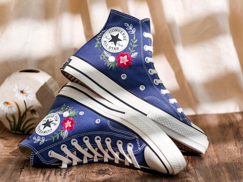 Embroidered Converse, Converse Embroidery Poinsettia Flowers, Christmas Embroidered Shoes, Snowflakes Embroidery Sneakers, Christmas Gifts