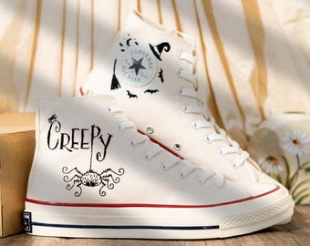 Unique Personalized Embroidered Converse High Tops, Custom Halloween Embroidery Sneakers, Creepy Spider Embroidery Converse, Halloween Gift