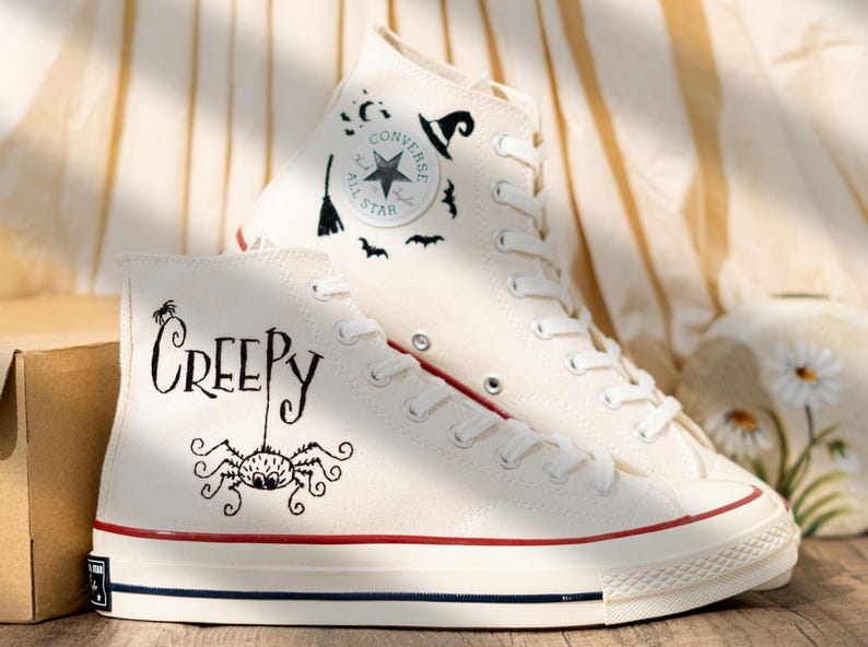 Unique Personalized Embroidered Converse High Tops, Custom Halloween Embroidery Sneakers, Creepy Spider Embroidery Converse, Halloween Gift