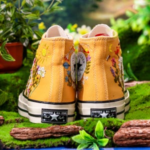 Embroidered Yellow Converse,Custom High Tops Embroidered Tiny Wildflower Garden, Flower Embroidered Converse Shoes,Floral Embroidery Sneaker