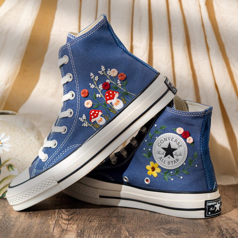 Mushroom Embroidered Converse High Top, Denim Canvas Shoes Embroidery Floral, Custom Sneakers Embroidered, Unique Women Shoes, Birthday Gift