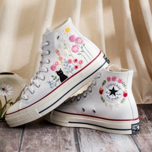 Cat Embroidered Converse, Flower Cat Embroidered Converse, Embroidered Converse Custom Pet, Cat Embroidered Sneakers, Birthday Gift