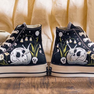Custom Gothic Embroidered Converse High Tops, Black Canvas Sneakers Embroidery With Skull And Snail, Halloween Converse Shoes, Unique Gifts