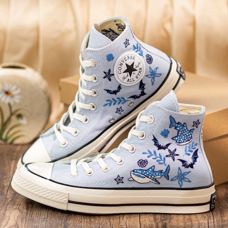 Custom Embroidered Converse Chuck Taylor, Sperm Whale Ocean Sneakers, Divers Gift, Beach Lovers Shoes, Coral Reefs