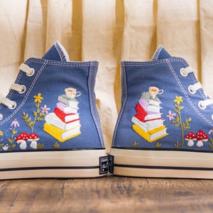 Custom Embroidered Converse Chuck 70 High Top, Denim Blue Converse Embroidery With Book And Mushroom, Hand Embroidered Sneakers, Unique Gift