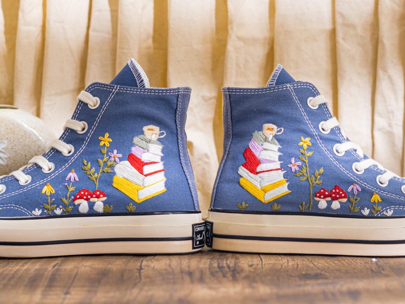 Custom Embroidered Converse Chuck 70 High Top, Denim Blue Converse Embroidery With Book And Mushroom, Hand Embroidered Sneakers, Unique Gift