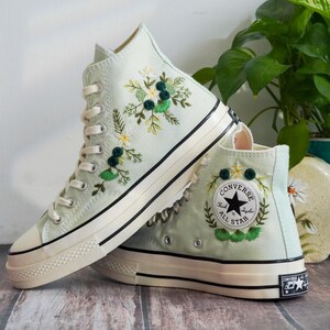 Custom Embroidered Converse Chuck Taylor, Green Flowers Embroidery Convese Shoes, Flower Wedding Embroidered Shoes, Gift for Her