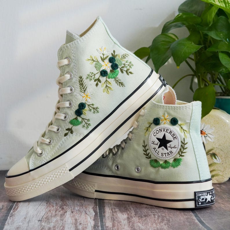 Custom Embroidered Converse Chuck Taylor, Green Flowers Embroidery Convese Shoes, Flower Wedding Embroidered Shoes, Gift for Her